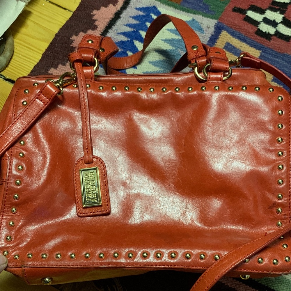 Badgley Mischka Nina Cube Satchel. Red with studs.